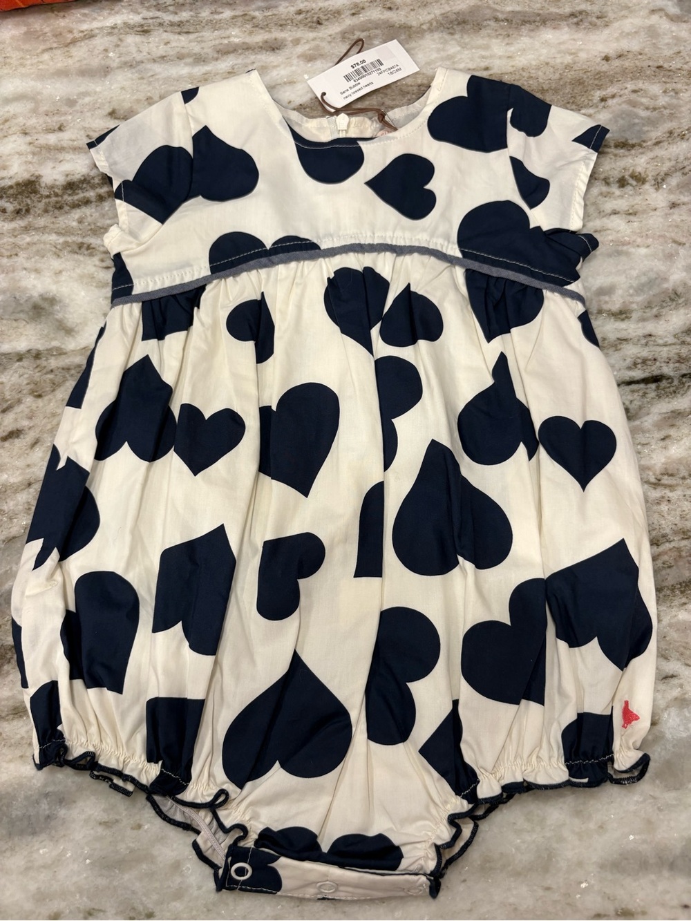 Pink Chicken Sana Bubble navy tossed hearts Cream Romper with Navy Heart Print